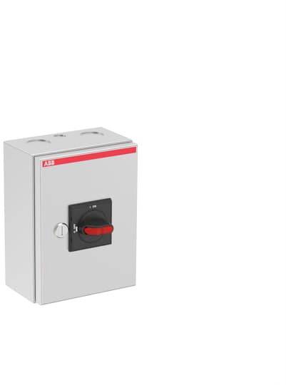 Graues elektrisches Schaltkästchen mit rotem Drehknopf auf schwarzem Hintergrund, Marke oben links.
