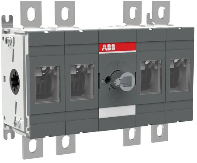 Zweipoliger Lasttrennschalter von ABB, grau, mit mehreren Befestigungspunkten, in Schaltposition dargestellt.