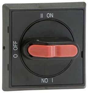 Ein quadratischer schwarzer Schalter mit einem roten Hebel ist mit 'ON' und 'OFF' in den Ecken beschriftet. Der Hebel zeigt auf 'ON'.