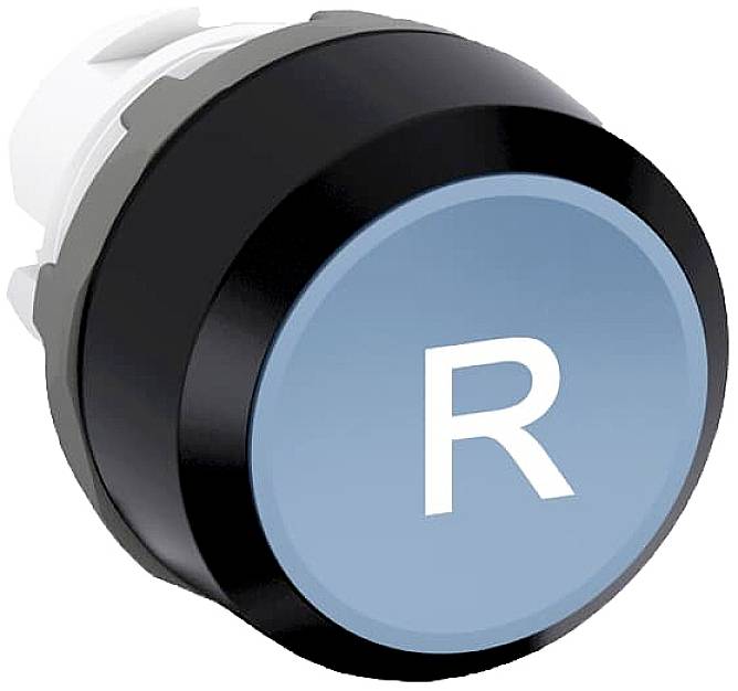 Ein runder blauer Knopf mit dem Buchstaben 'R' in der Mitte, von einer schwarzen Umrandung umgeben.