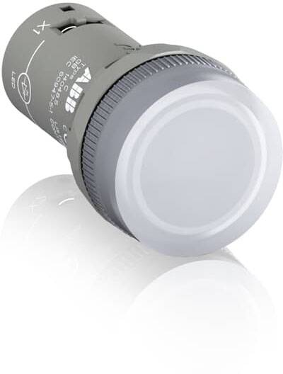 Grauer LED-Drucktaster von ABE, Ansicht von oben, silberner Rand, rundes Design.