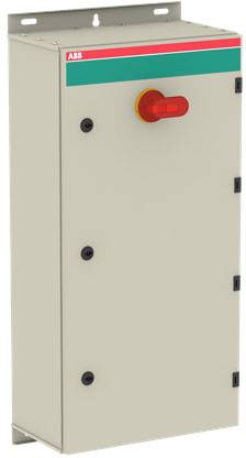 Ein rechteckiger Schaltschrank aus Metall mit rotem Drehknopf oben, geeignet für industrielle Anwendungen und Elektroschutz.