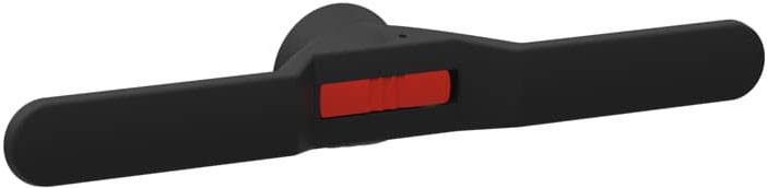 Schwarzer Türgriff mit rotem Hebel in der Mitte, seitliche Ansicht.