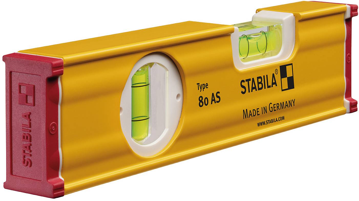 Wasserwaage der Marke Stabila, Typ 80 AS, Made in Germany, mit zwei Libellen zur Messung von horizontalen und vertikalen Ebenen.