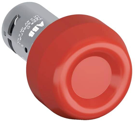 Ein roter Not-Aus-Knopf, zylinderförmig, der in einem industriellen oder sicherheitstechnischen Kontext verwendet werden könnte.