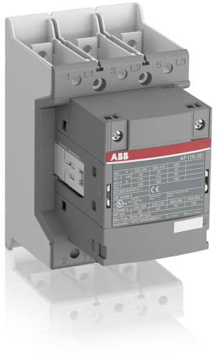 Ein grauer dreipoliger Schütz, Modell AF116-30, zur Steuerung elektrischer Ströme. Herstellerkennzeichnung und Spezifikationen sichtbar.