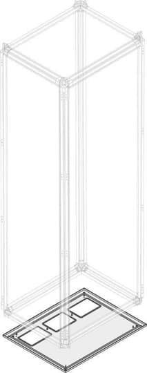 Strukturzeichnung eines quaderförmigen Rahmens mit hervorgehobener Basis. Schläge zeigen potenzielle Verbindungsstellen. Kein Text vorhanden.