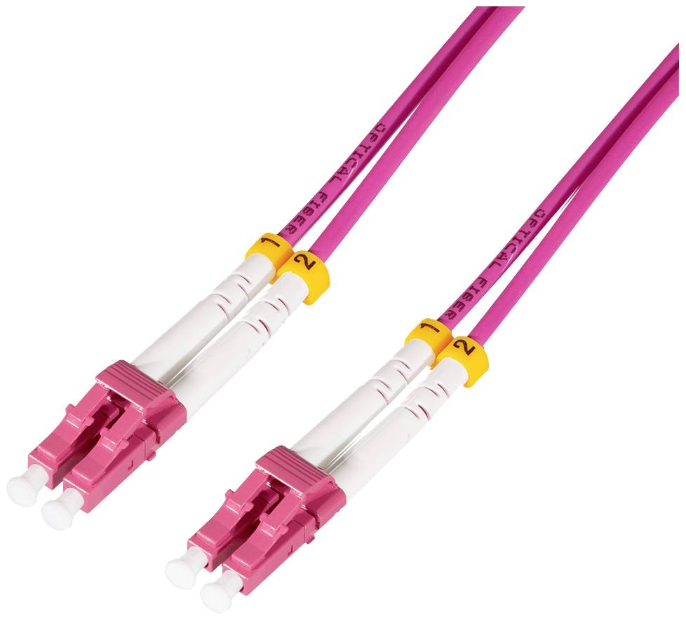 Zwei pinke Glasfaserkabel mit gelben Nummernkennzeichnungen 1 und 2, zeigen auf ihre Endstecker, die zur Datenübertragung verwendet werden.