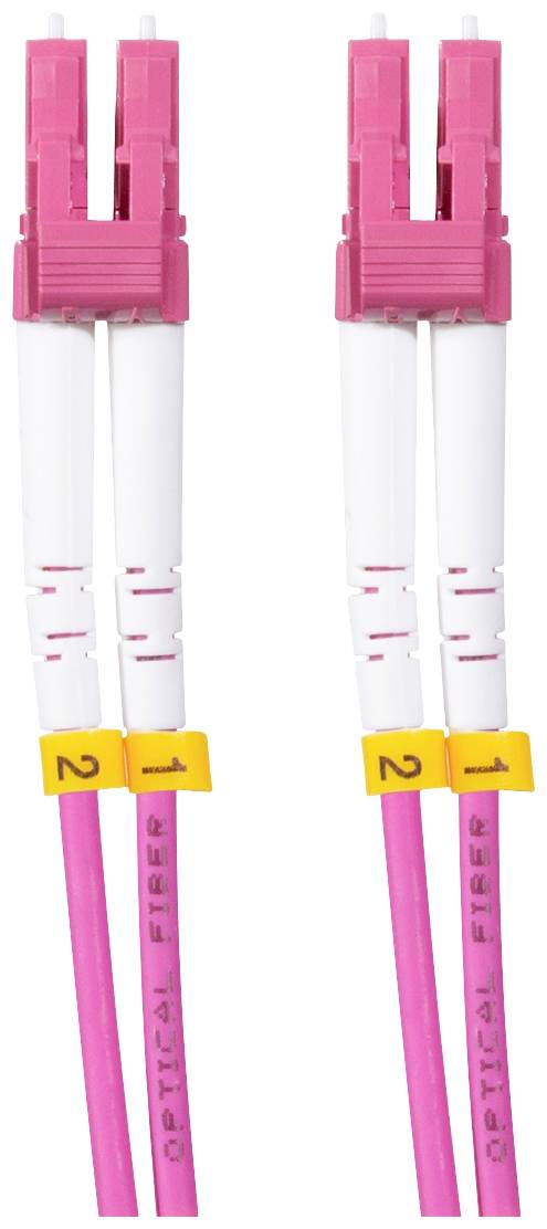 Zwei pinkfarbene LC-Glasfaserkabel mit weißen und gelben Markierungen, beschriftet mit 'Optical Fiber', nummeriert 1 und 2.