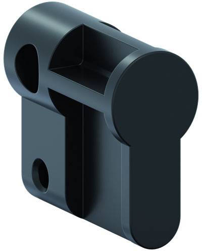 Schwarzes, T-förmiges, technisches Bauteil aus Kunststoff mit runden und rechteckigen Öffnungen, vermutlich für Montagezwecke.