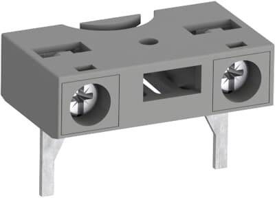 Grauer Steckverbinder mit zwei Schraubanschlüssen und zwei Metallstiften zur elektrischen Verbindung; industrielle Anwendung.