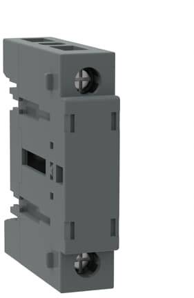 Ein graues elektrisches Modul mit zwei Schraubanschlüssen, meist verwendet zur Befestigung in Schaltschränken oder für elektrische Verbindungen.