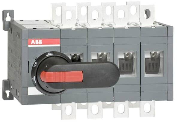 Dreipoliger ABB-Lasttrennschalter mit rotem Griff zur Steuerung elektrischer Stromkreise. Geeignet für industrielle Anwendungen.