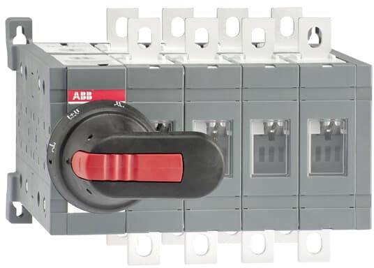 Ein grauer Lasttrennschalter mit einem roten Griff auf der Vorderseite, verwendet in industriellen Anwendungen zur Stromkreissteuerung.