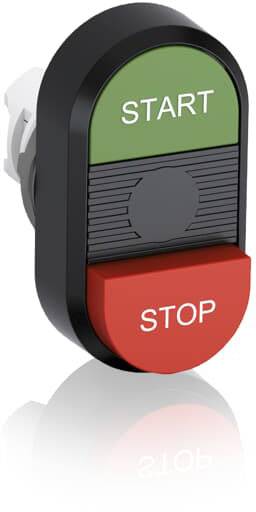 Zweifarbiger Schalter mit Beschriftung 'START' auf grünem Hintergrund oben und 'STOP' auf rotem Hintergrund unten.