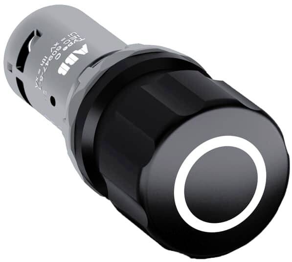 Ein runder, schwarzer Drehknopf mit weißem Ring. Geeignet für industrielle Steuerungen und Bedienfelder.