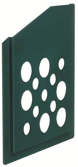 Ein dunkelgrünes Zeichenschablon mit verschiedenen kreisförmigen Löchern in unterschiedlichen Größen auf einer abgeschrägten Kante.