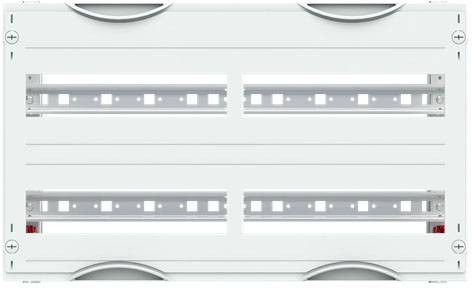 Weiße elektrische Schalttafel mit zwei Reihen von Metallschienen zur Befestigung von Schaltern oder Sicherungen.
