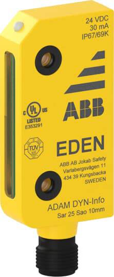 Gelbes Sicherheitsgerät mit der Aufschrift 'ABB', 'EDEN', sowie technischen Spezifikationen wie '24 VDC', '30 mA', und 'IP67/69K'.