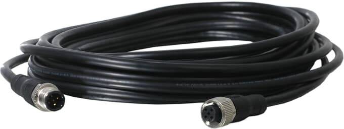 Schwarzes, mehrfach verheddertes Kabel mit männlichen und weiblichen Steckverbindern an den Enden. Geeignet für elektronische Geräte.