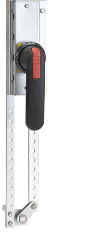 Silbernes mechanisches Hebel-Werkzeug mit schwarzem Griff und rotem Hebel, verwendet zur Höhenverstellung oder Befestigung.