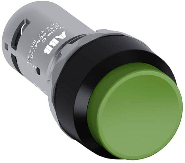 Grüner Druckschalter mit schwarzer Fassung, geeignet für industrielle Anwendungen und Maschinensteuerung.