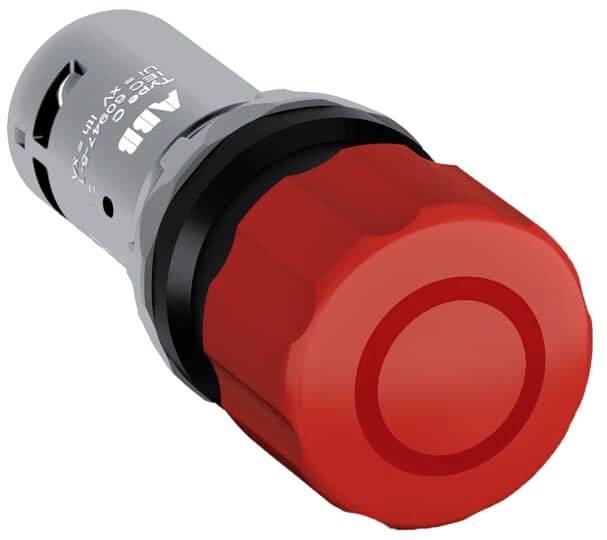 Roter Notaus-Knopf mit silberner Basis, verwendet zur Maschinenabschaltung in Notfallsituationen.