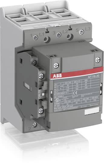 Grau-schwarzer ABB-Schütz mit Etikett und Anschlussklemmen. Modellnummer AF116-30. Verwendet für elektrische Steuerungsanwendungen.