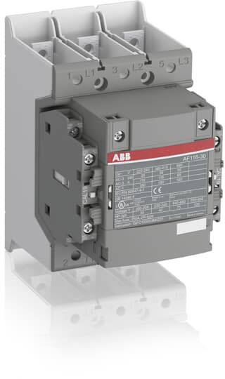 Grau-weißer ABB-Schütz, Modell AFT16-30, mit drei Anschlüssen oben, Etikett mit technischen Daten vorne. Verwendet zur Steuerung elektrischer Schaltkreise.