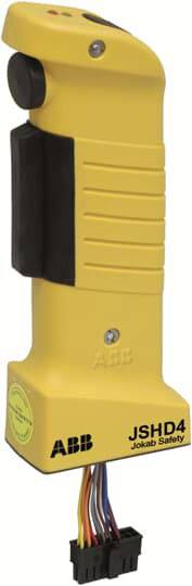 Handgriff mit Not-Aus-Schalter von ABB, Modell JSHD4 von Jokab Safety. Gelbes Gehäuse mit schwarzen Bedienelementen und Kabelanschluss.