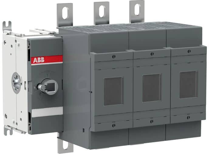 Ein grauer ABB-Schalter in einer Metallhalterung, bestehend aus mehreren Modulen.