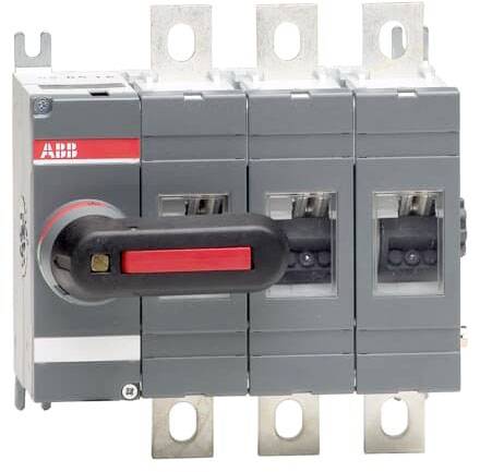 Ein elektrischer Leistungsschalter mit grauem Gehäuse und rotem Schalterhebel, geeignet für industrielle Anwendungen.