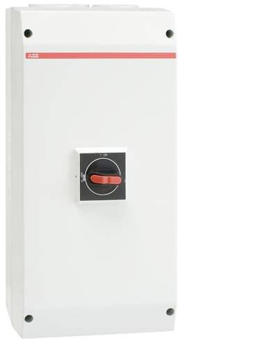 Ein elektrischer Schalterkasten mit rotem Schalter auf weißem Hintergrund. Der Kasten hat eine rechteckige Form mit rostfreier Stahlsicherung.