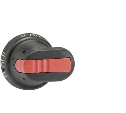 Schwarzer Schalter mit rotem Hebel in der 'OFF'-Position, Beschriftung 'OFF' und 'ON' erkennbar.