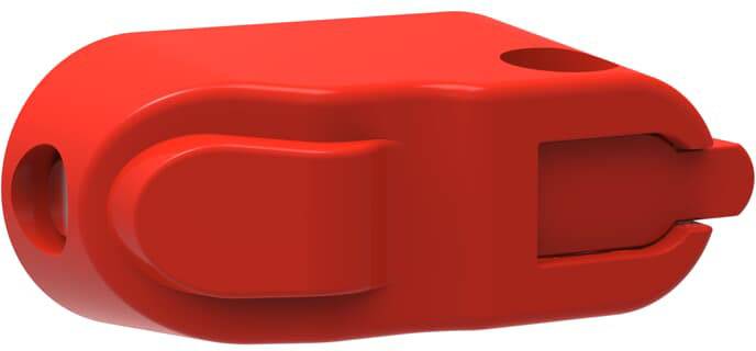 Roter Sicherheitsverriegelungsmechanismus mit einem kleinen Loch an der Oberseite, möglicherweise für einen Metallstift oder ein Kabel.