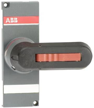 Elektrischer Schalter mit rotem Griff auf grauem Hintergrund, der wahrscheinlich zur Steuerung von Stromkreisen dient.