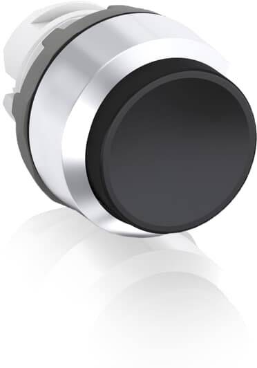 Schwarzer, runder Drucktaster mit silbernem Rand, geeignet für industrielle Steuerungsanwendungen.