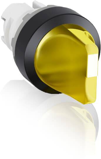 Ein gelber Drehschalter mit schwarzer Umrandung, Darstellung eines Steuergeräts zur Bedienung von Maschinen oder technischen Anlagen.