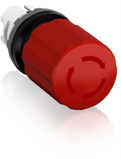 Roter Not-Aus-Schalter mit schwarzem Rand, dient zum sofortigen Abschalten von Maschinen oder Anlagen in Notfällen.