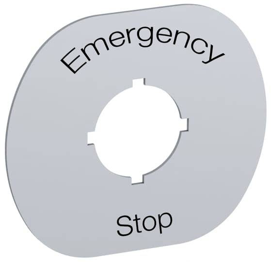Graue Platte mit der Aufschrift 'Emergency Stop'. Loch in der Mitte für einen Not-Aus-Schalter.