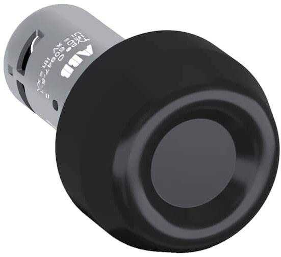 Schwarzer runder Druckknopf-Schalter mit grauer Basis, ABD-Logo sichtbar. Elektronikkomponente für Steuergeräte.