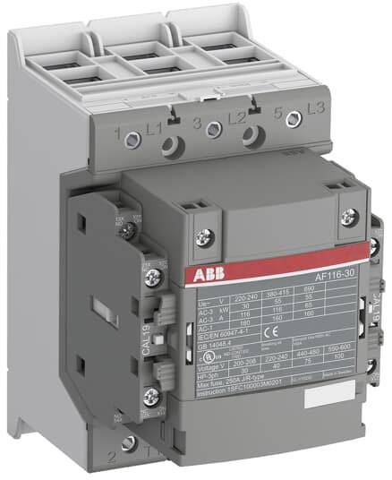 Ein grauer elektrischer Leistungsschalter mit Beschriftungen und Anschlüssen, geeignet für industrielle Anwendungen.