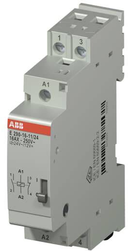 Ein graues Relais von ABB, Modell E 290-16:11/24. Beschriftet mit '16AX - 250V~' und '24V~, 12V~'. Enthält Anschlüsse oben und unten.