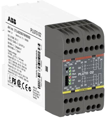 Ein Sicherheitsrelais von ABB mit der Bezeichnung 'PLUTO O2'. Zeigt technische Spezifikationen seitlich und Anschlussdiagramme vorne.
