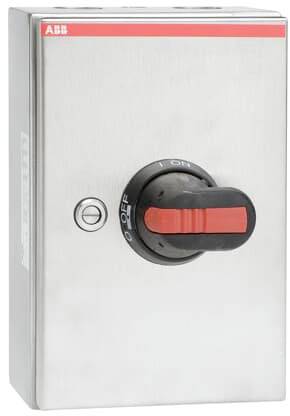 Ein silberner Schalterkasten mit rotem Hebel auf der Front, der auf Position 'OFF' zeigt. Links daneben befindet sich ein runder Knopf.