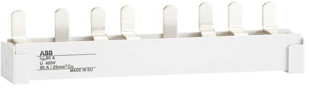 'ABB Phasenschienensystem.' Weißes, rechteckiges Bauteil mit mehreren vertikal ausgerichteten, metallischen Anschlüssen. Markierung: 'In: 80 A, U: 400V, 50 A/1,5mm² Cu, MADE IN EU'.