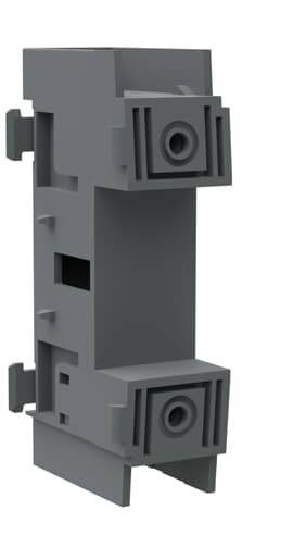 Ein graues, rechteckiges Kunststoffgehäuse mit zwei Öffnungen an den Enden und seitlichen Befestigungslaschen, wahrscheinlich Teil eines Schaltsystems.