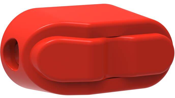 Roter Kunststoffverschlussclip, vermutlich für Beutel oder Verpackungen. Form: rechteckiger Körper mit ovalen Enden.