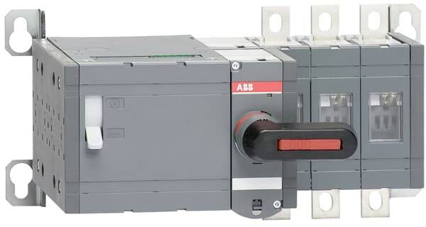 Ein grauer elektrischer Lasttrennschalter der Marke ABB, horizontal montiert, mit rotem und schwarzem Bedienhebel an der Vorderseite.