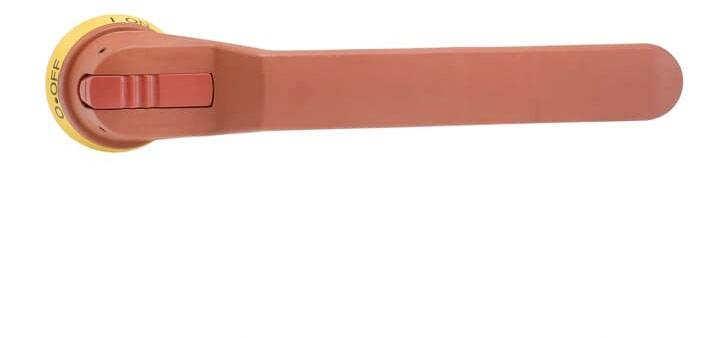 Ein roter Not-Aus-Schalter in der Aus-Position, montiert auf einer gelben Basis.